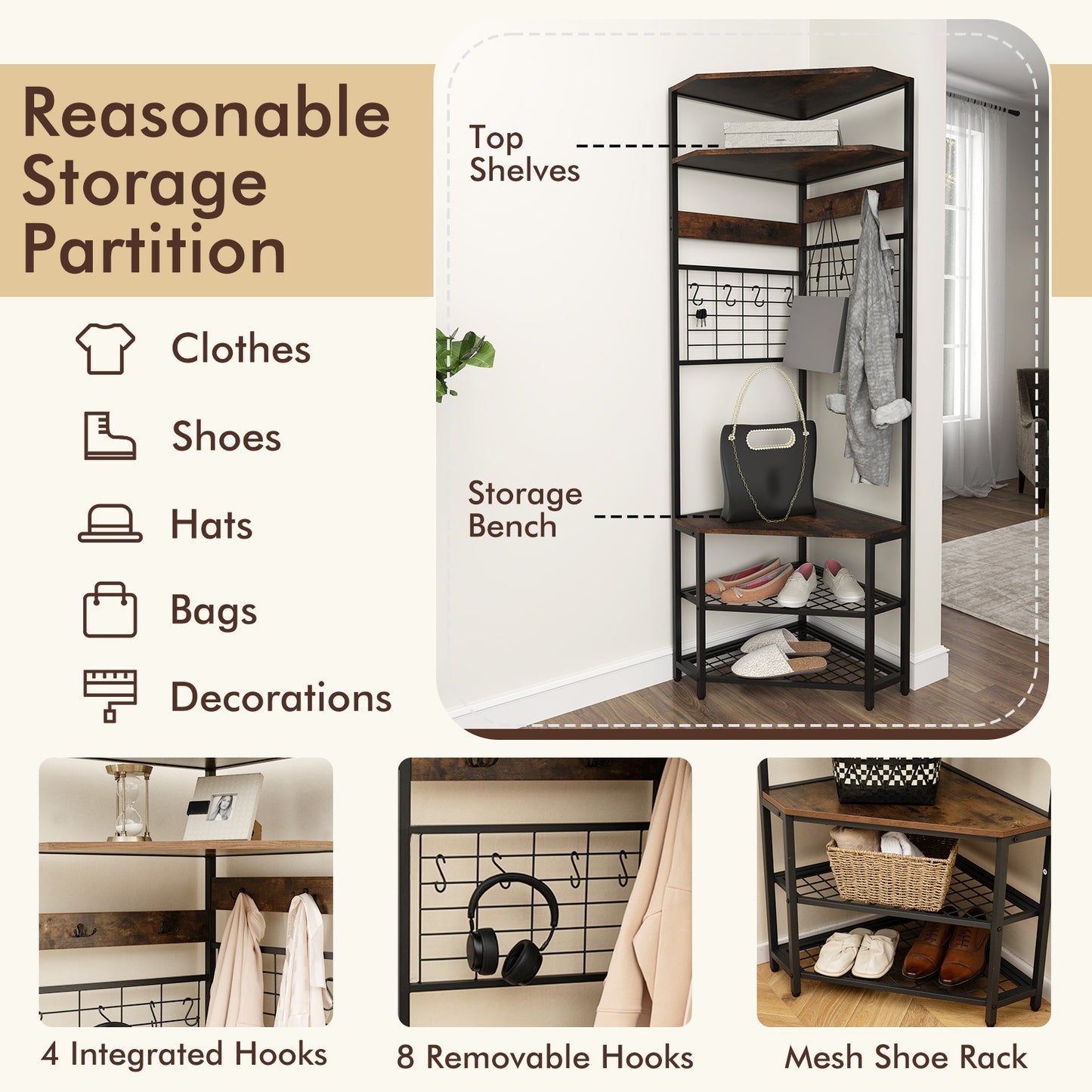 5-Tier Corner Hall Tree with Coat Rack, Storage Shelves, and Shoe Bench in Rustic Brown