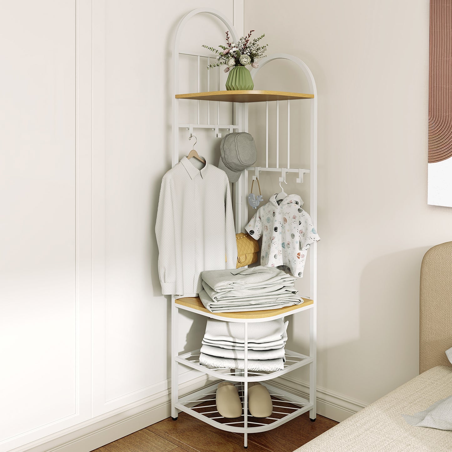 4-in-1 Corner Hall Tree with Coat Rack Shoe Storage Bench and Top Shelf - Natural