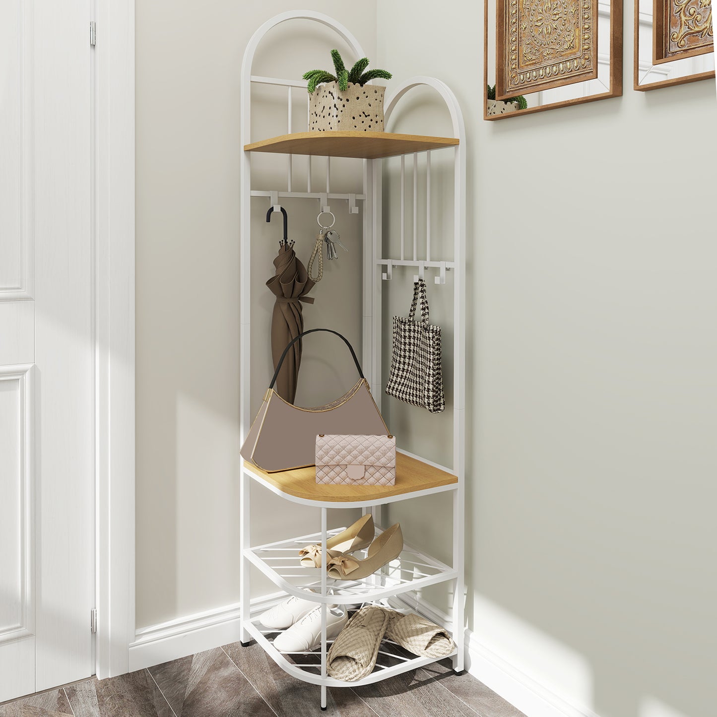 4-in-1 Corner Hall Tree with Coat Rack Shoe Storage Bench and Top Shelf - Natural