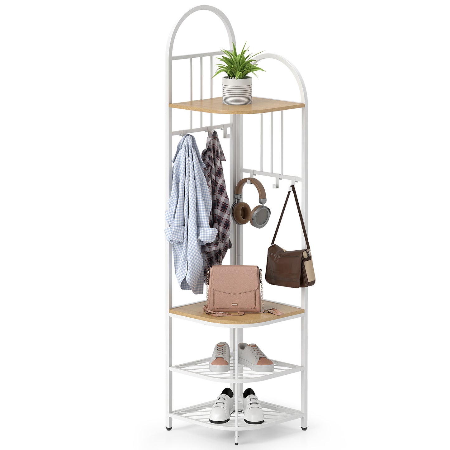 4-in-1 Corner Hall Tree with Coat Rack Shoe Storage Bench and Top Shelf - Natural