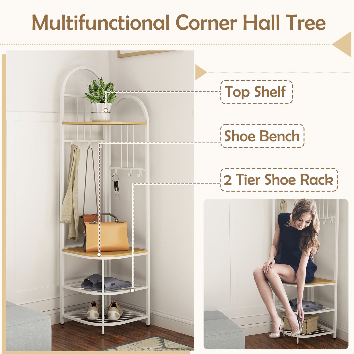 4-in-1 Corner Hall Tree with Coat Rack Shoe Storage Bench and Top Shelf - Natural