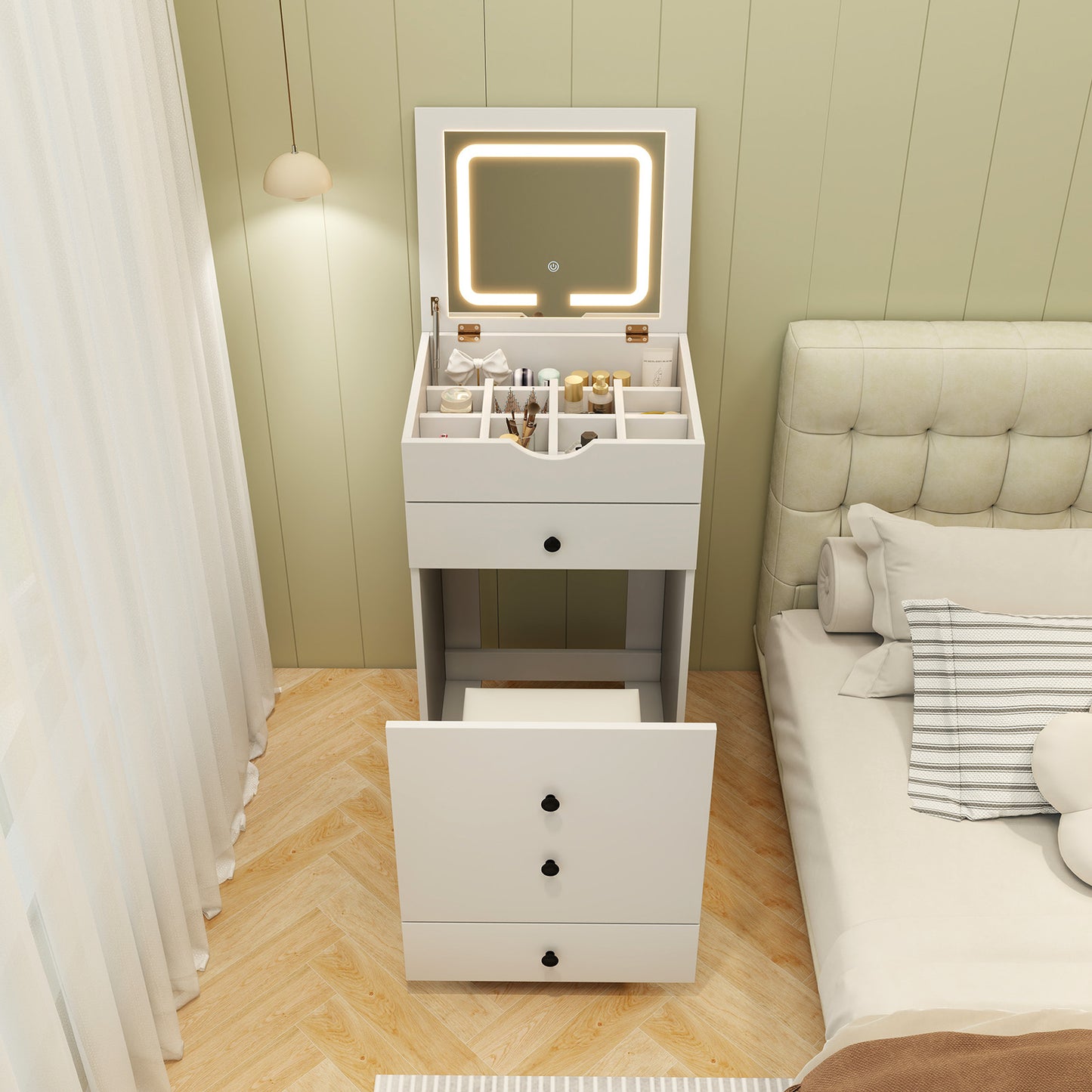 3-in-1 Vanity Set with Flip-up Mirror, Cushioned Stool and Storage Compartments