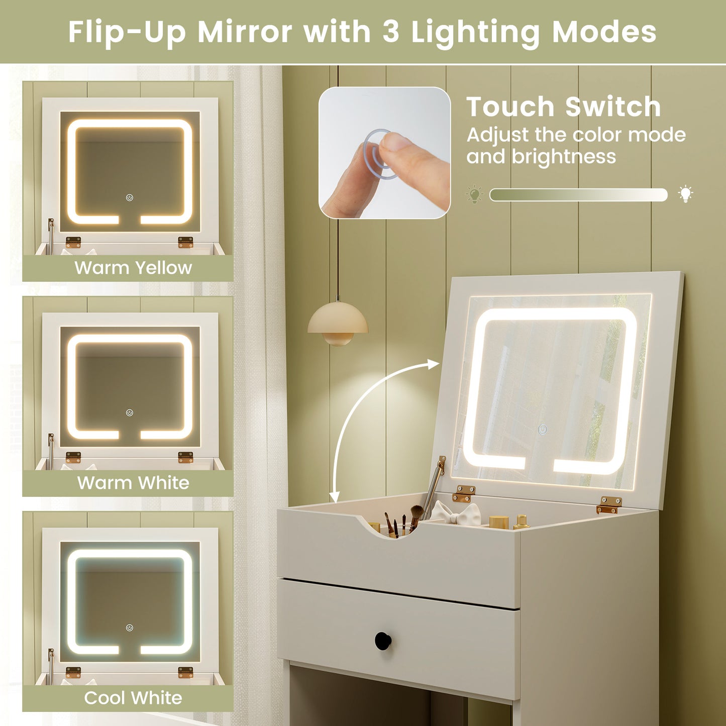 3-in-1 Vanity Set with Flip-up Mirror, Cushioned Stool and Storage Compartments