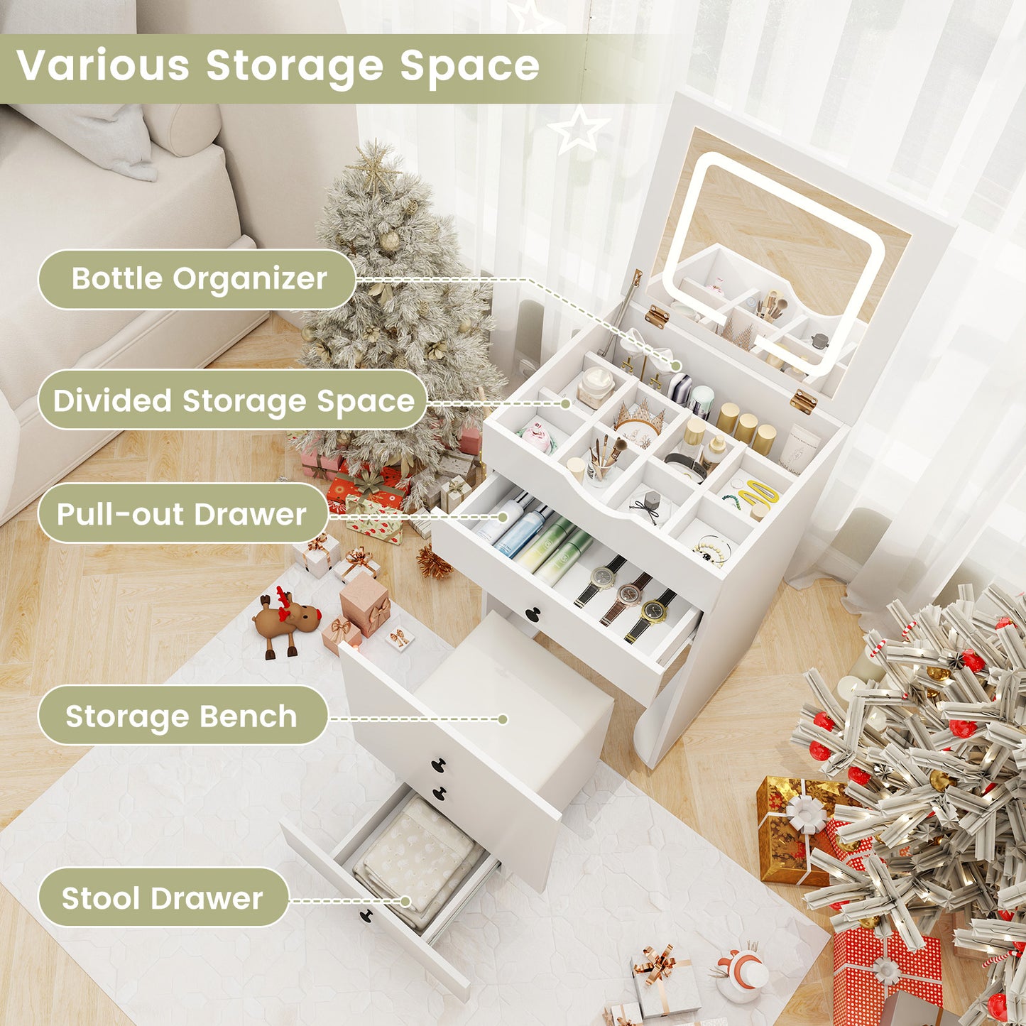 3-in-1 Vanity Set with Flip-up Mirror, Cushioned Stool and Storage Compartments