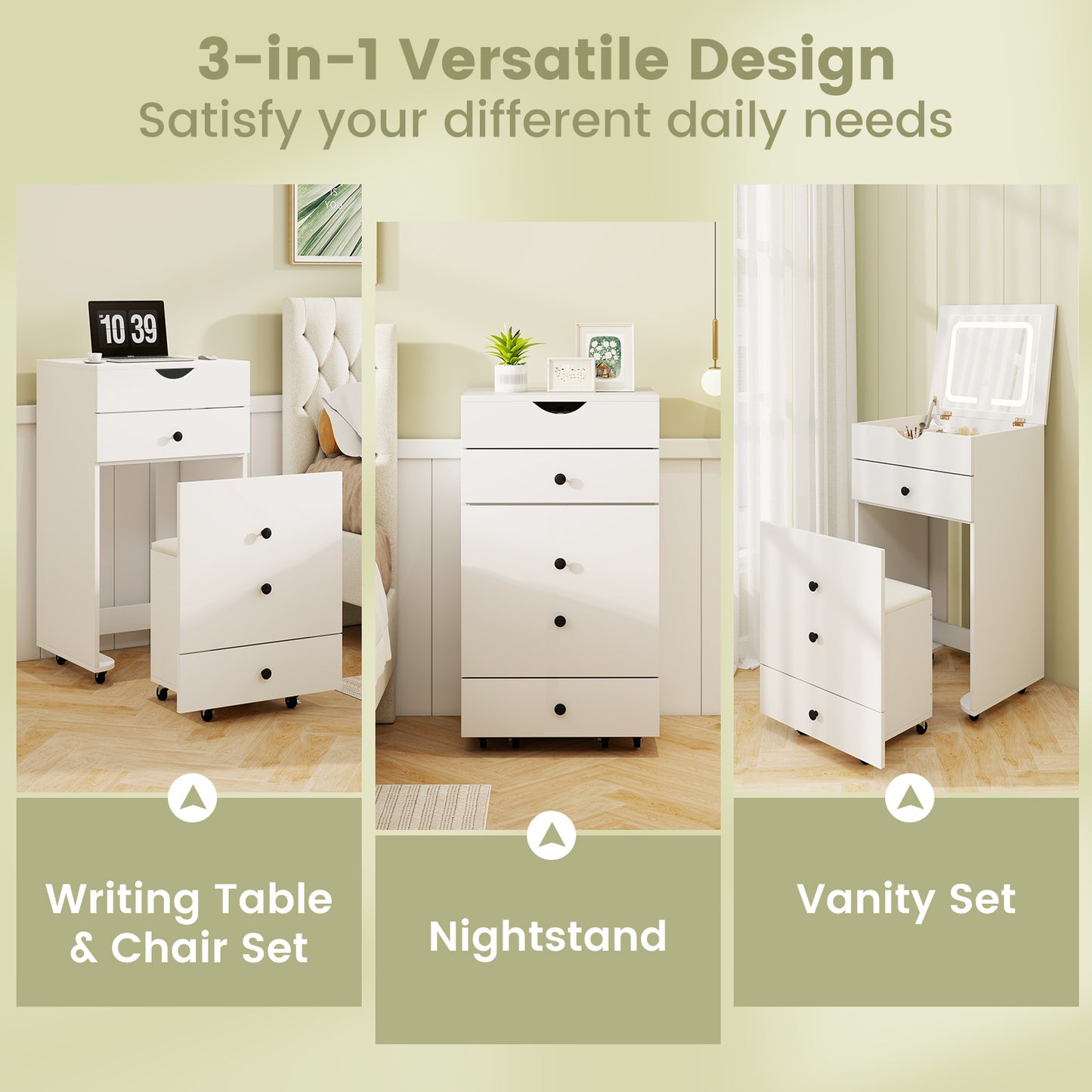 3-in-1 Vanity Set with Flip-up Mirror, Cushioned Stool and Storage Compartments