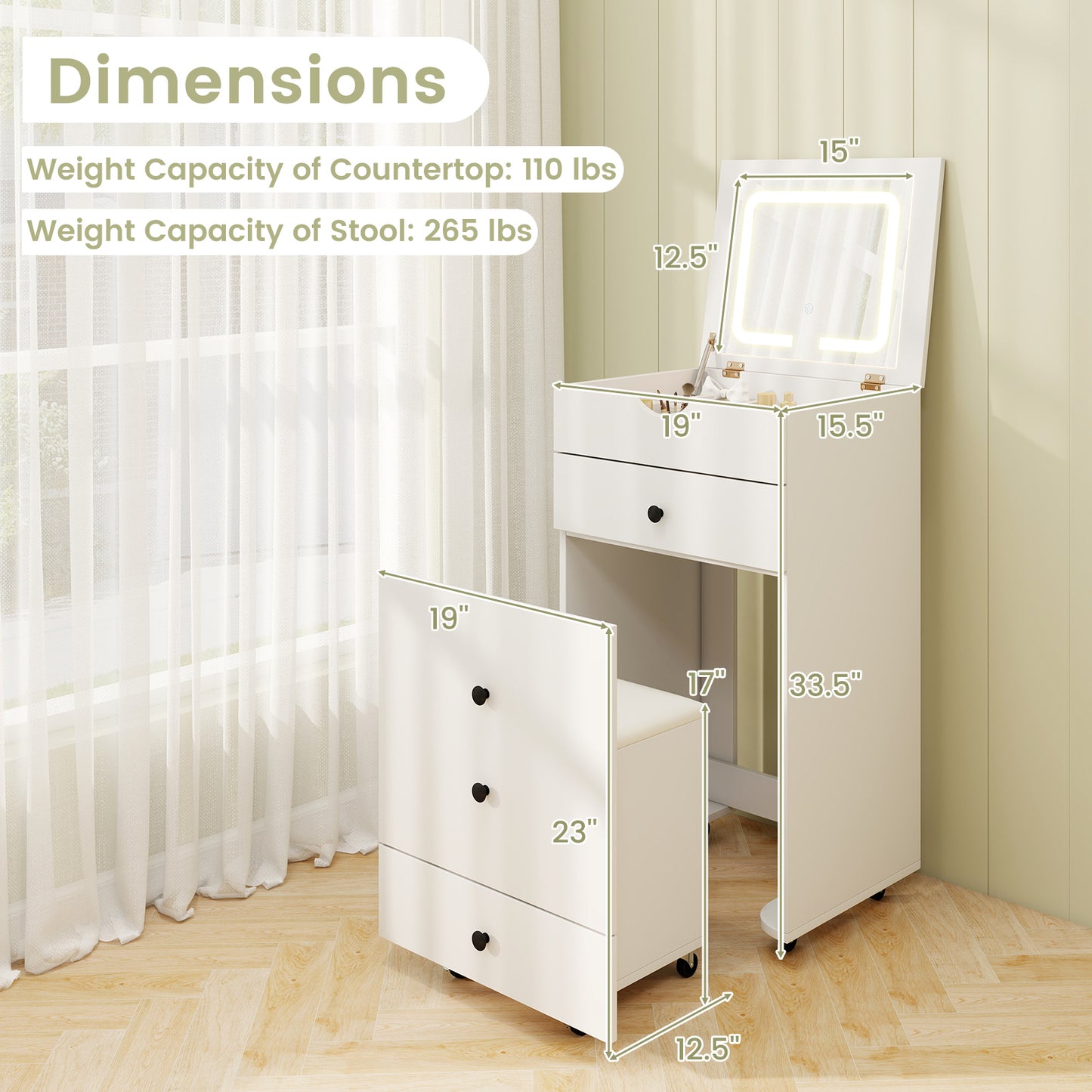 3-in-1 Vanity Set with Flip-up Mirror, Cushioned Stool and Storage Compartments