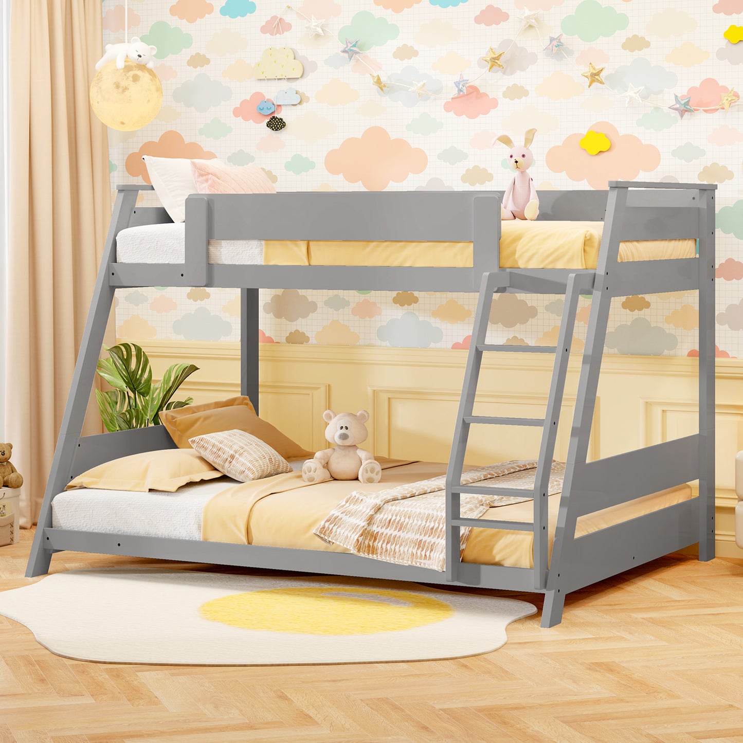 Space-Saving Twin Over Full Bunk Bed with Reversible Ladder and Safety Guardrails - Grey