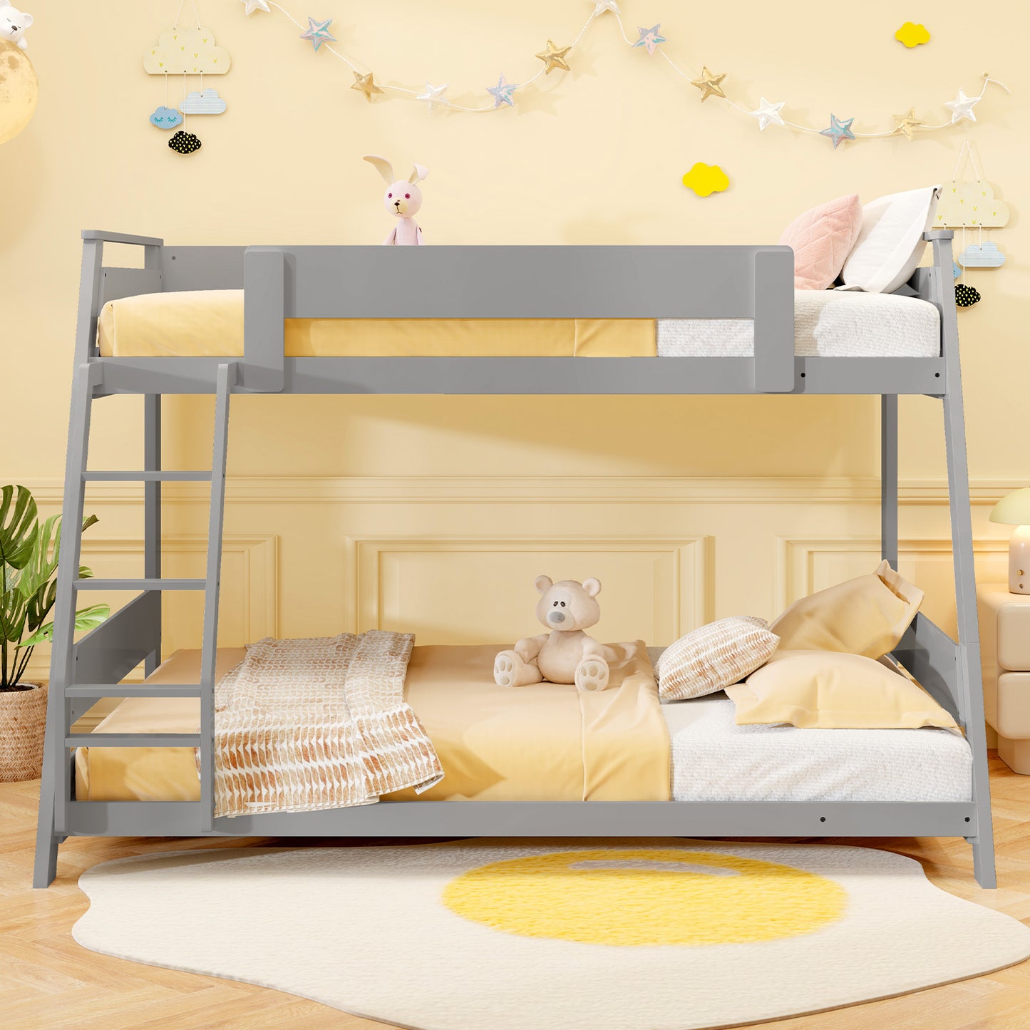 Space-Saving Twin Over Full Bunk Bed with Reversible Ladder and Safety Guardrails - Grey