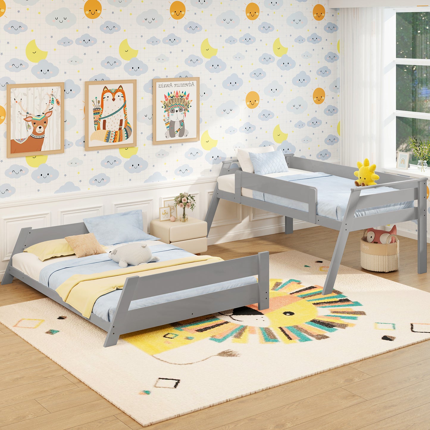 Space-Saving Twin Over Full Bunk Bed with Reversible Ladder and Safety Guardrails - Grey