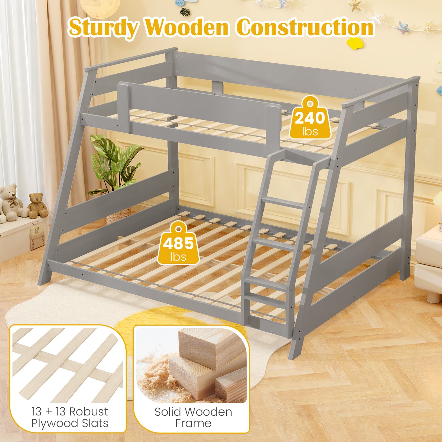 Space-Saving Twin Over Full Bunk Bed with Reversible Ladder and Safety Guardrails - Grey