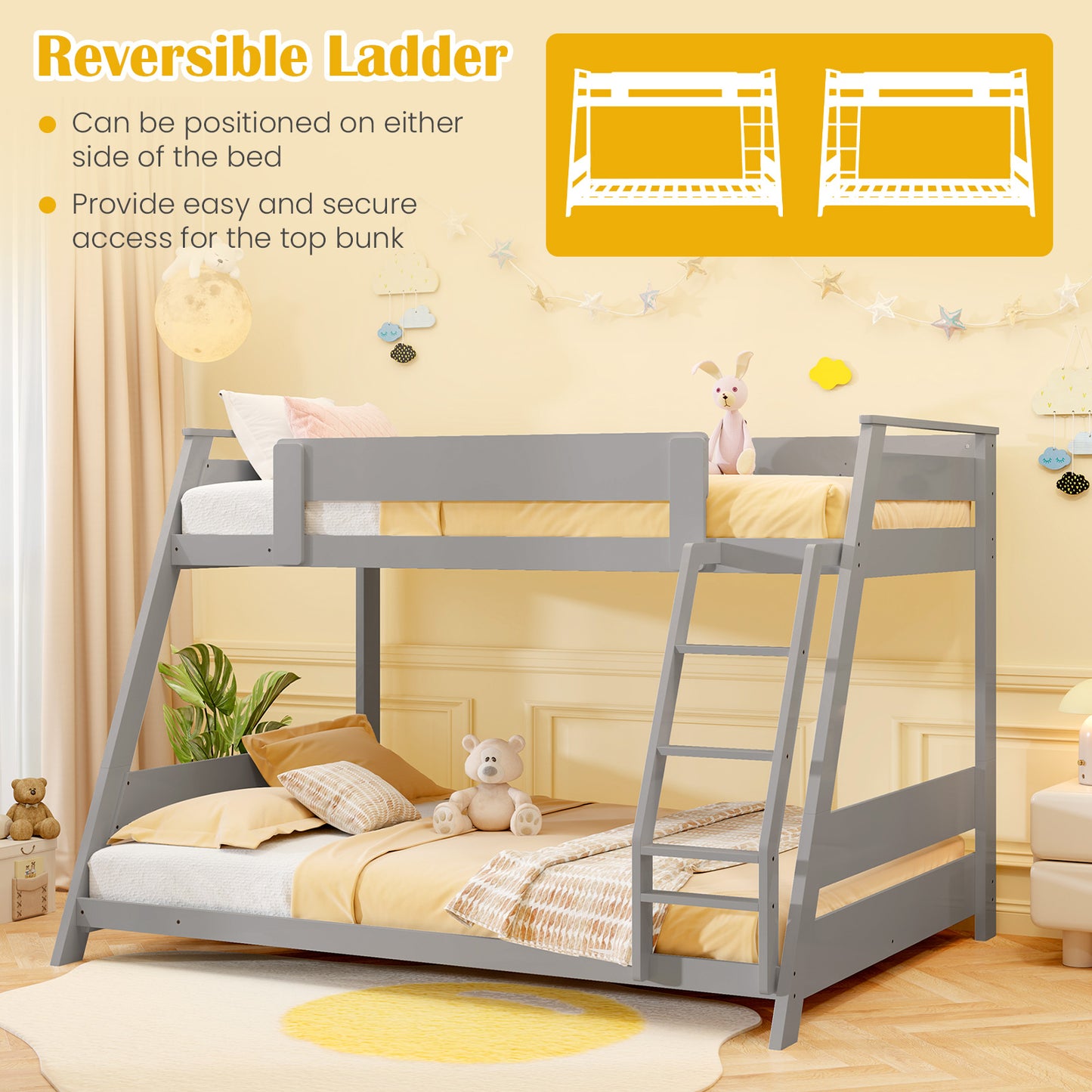 Space-Saving Twin Over Full Bunk Bed with Reversible Ladder and Safety Guardrails - Grey