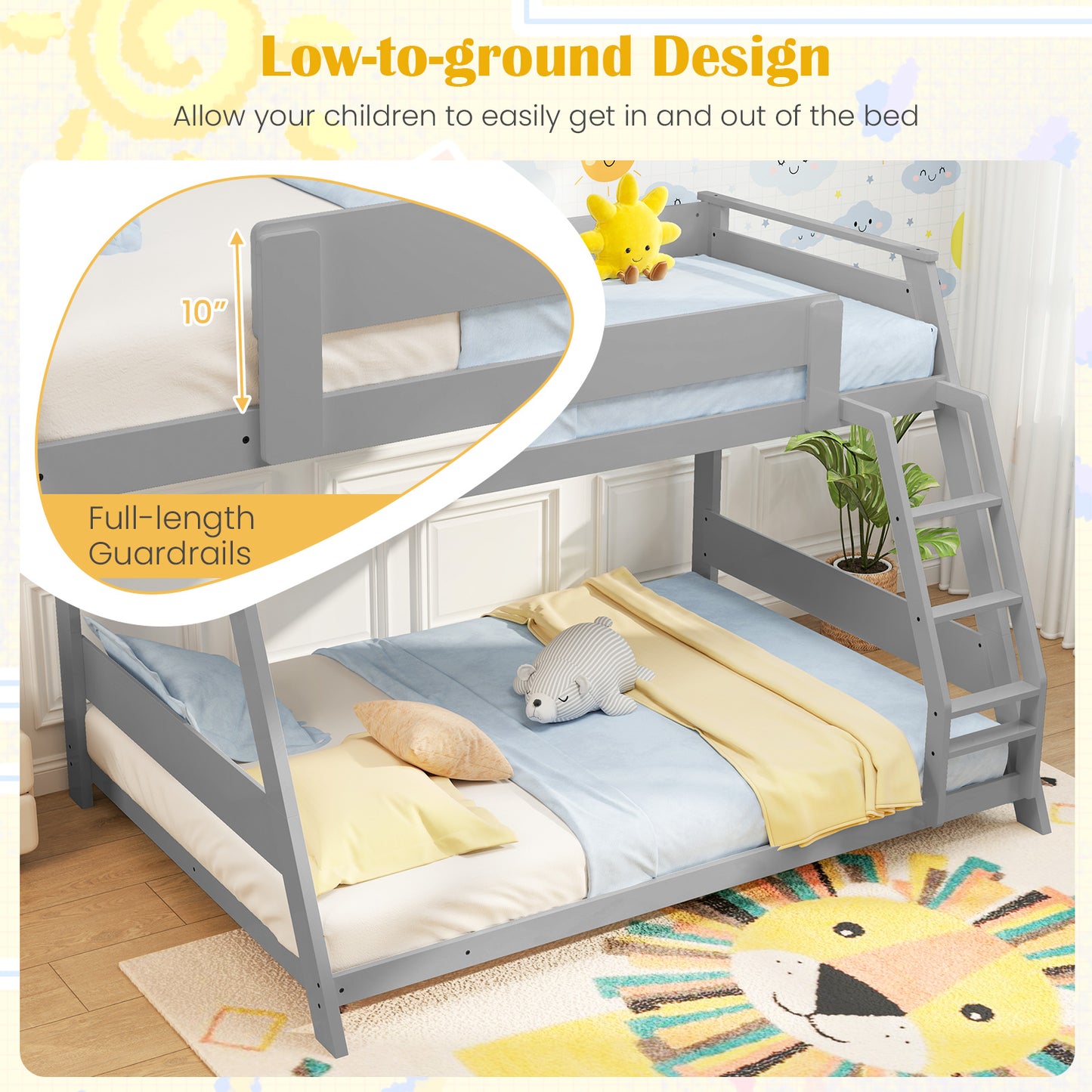 Space-Saving Twin Over Full Bunk Bed with Reversible Ladder and Safety Guardrails - Grey