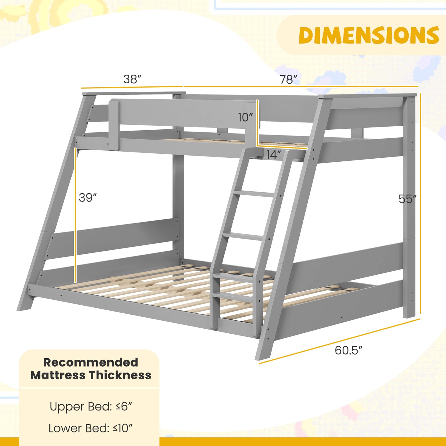 Space-Saving Twin Over Full Bunk Bed with Reversible Ladder and Safety Guardrails - Grey