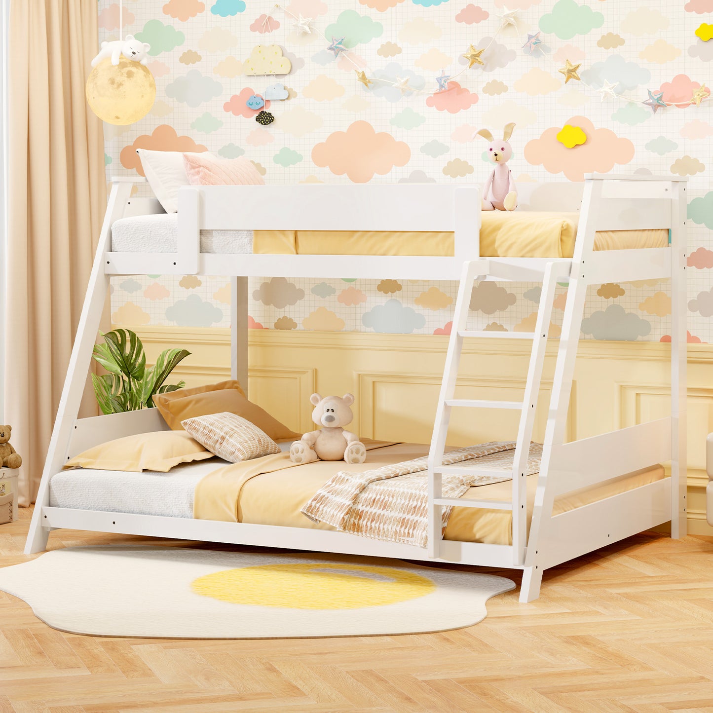 Space-Saving Twin Over Full Bunk Bed with Reversible Ladder and Safety Guardrails - White