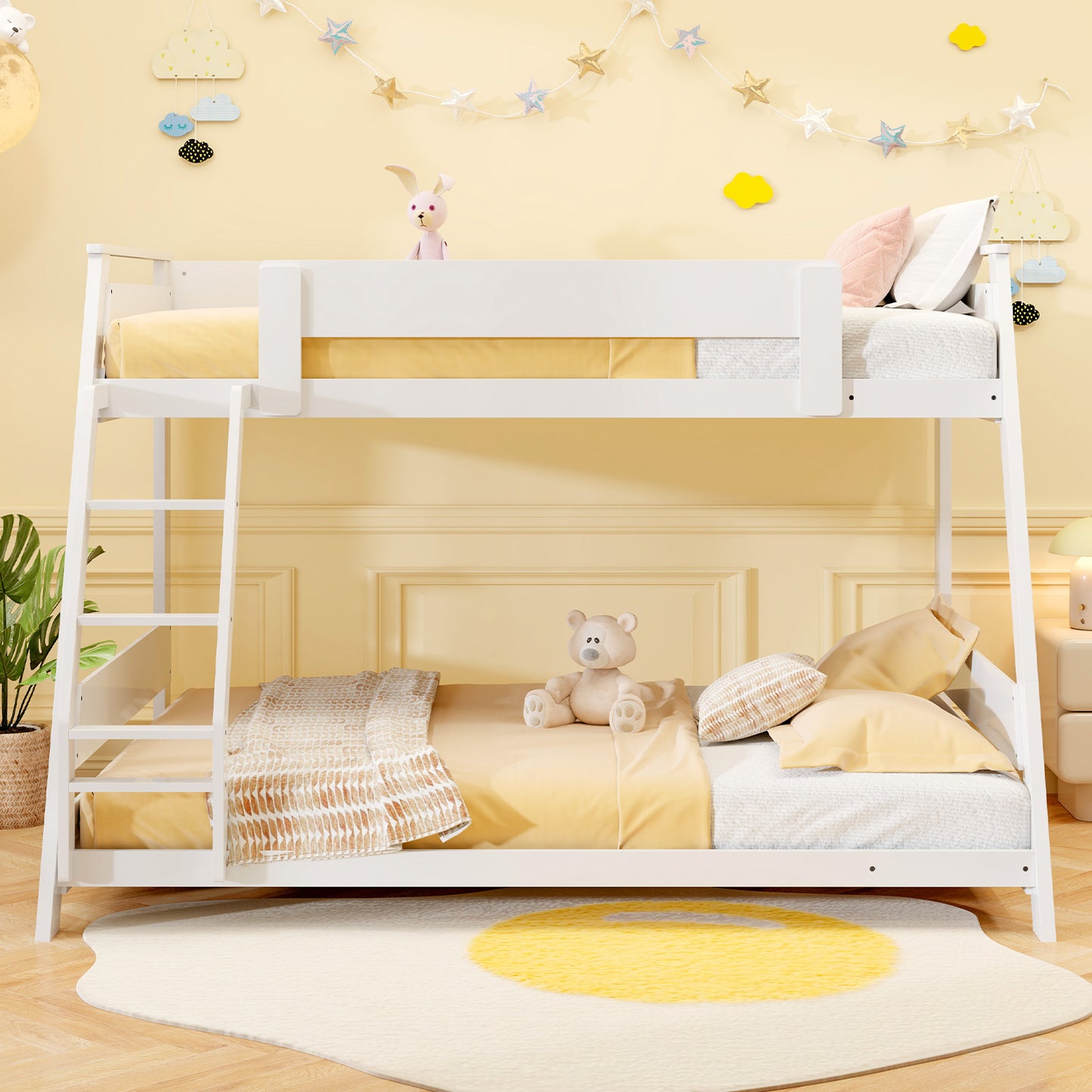 Space-Saving Twin Over Full Bunk Bed with Reversible Ladder and Safety Guardrails - White