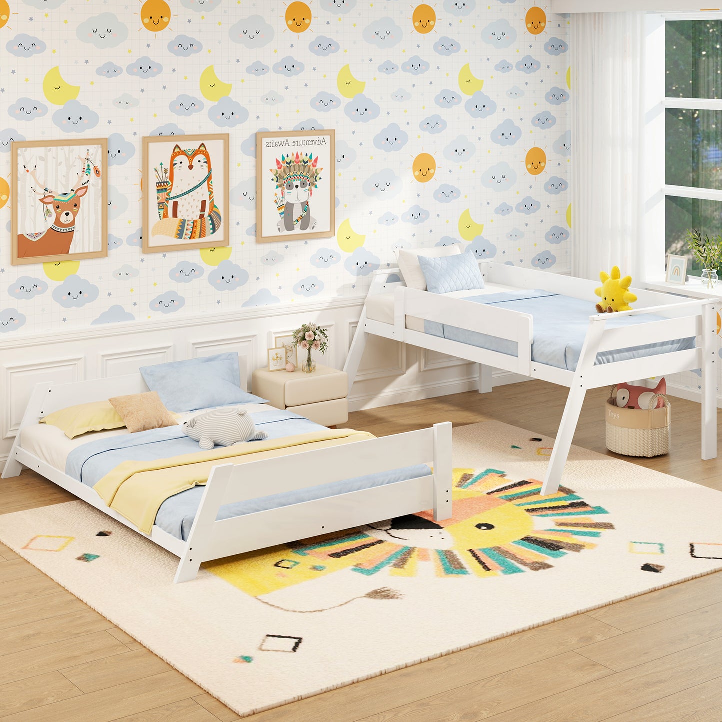 Space-Saving Twin Over Full Bunk Bed with Reversible Ladder and Safety Guardrails - White