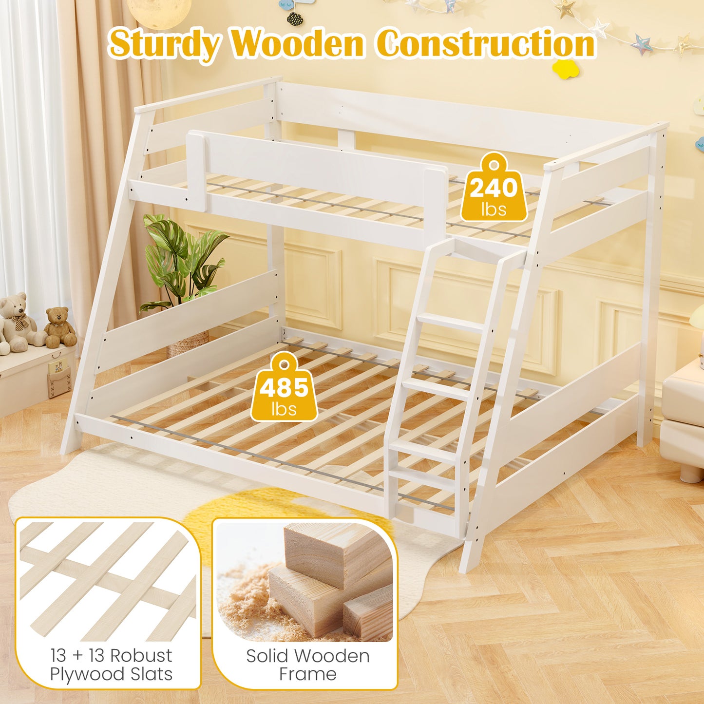 Space-Saving Twin Over Full Bunk Bed with Reversible Ladder and Safety Guardrails - White