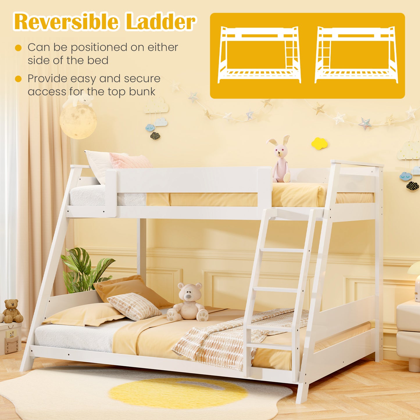 Space-Saving Twin Over Full Bunk Bed with Reversible Ladder and Safety Guardrails - White