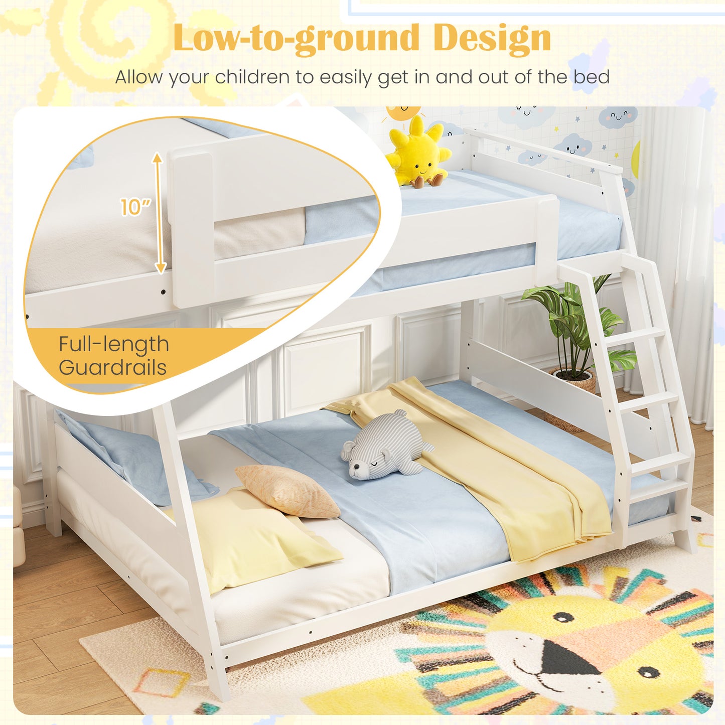 Space-Saving Twin Over Full Bunk Bed with Reversible Ladder and Safety Guardrails - White
