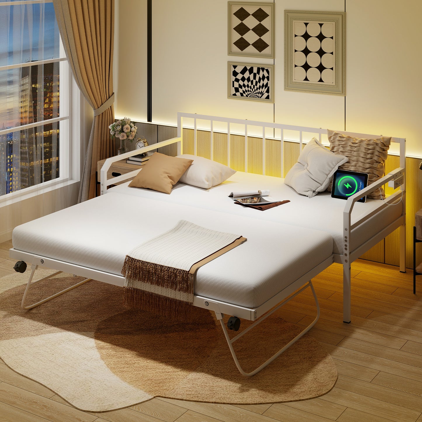 Adjustable Metal Twin Daybed with Pop-up Trundle, LED Light & Charging Station - White