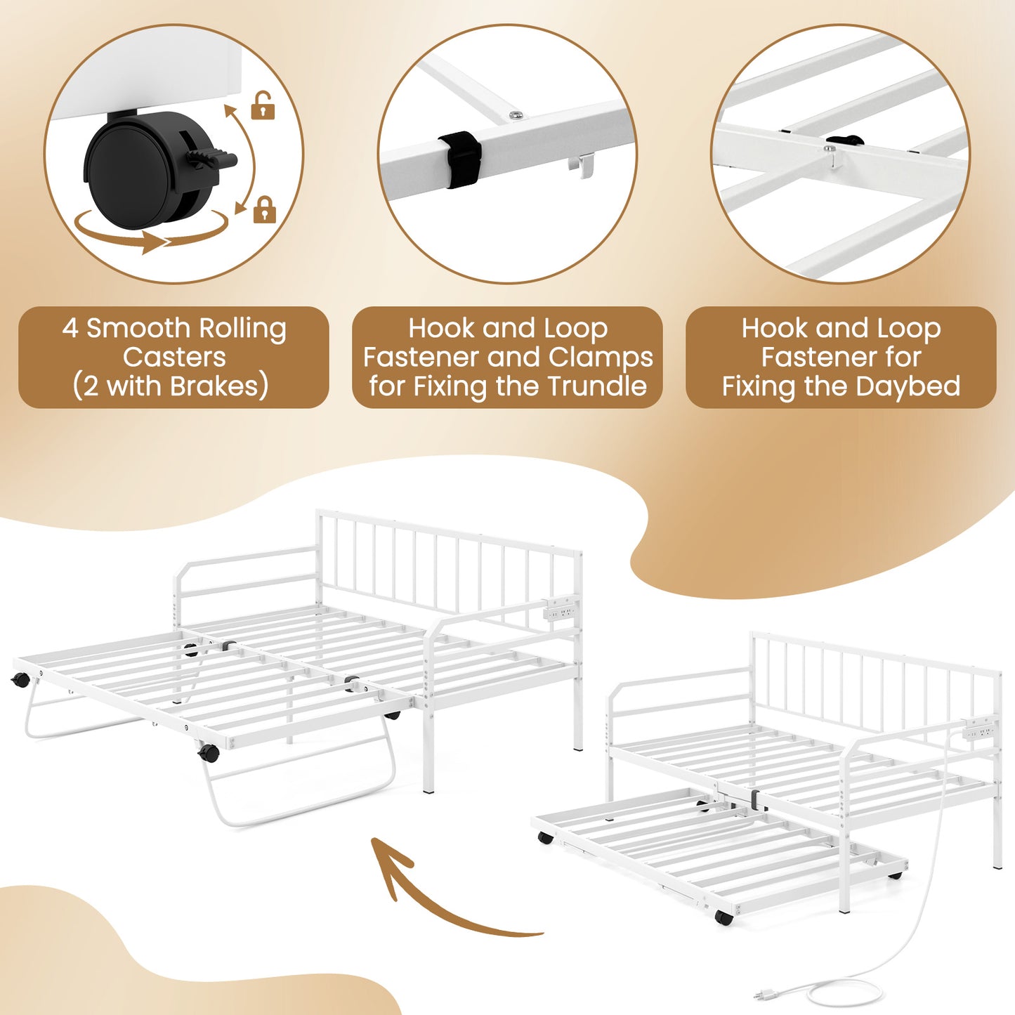 Adjustable Metal Twin Daybed with Pop-up Trundle, LED Light & Charging Station - White