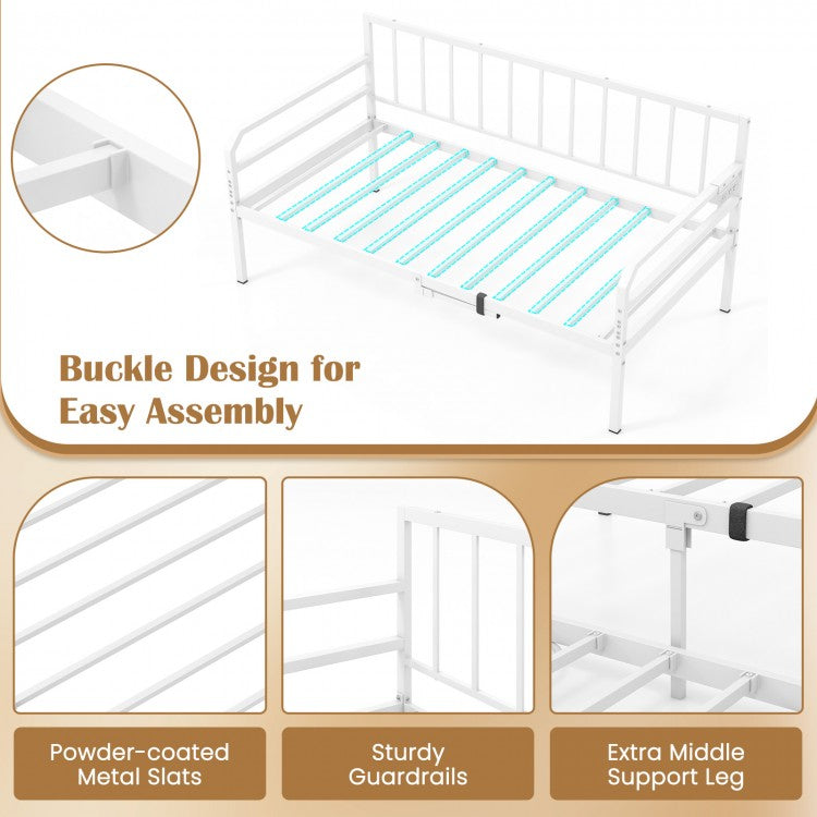 Adjustable Metal Twin Daybed with Pop-up Trundle, LED Light & Charging Station - White