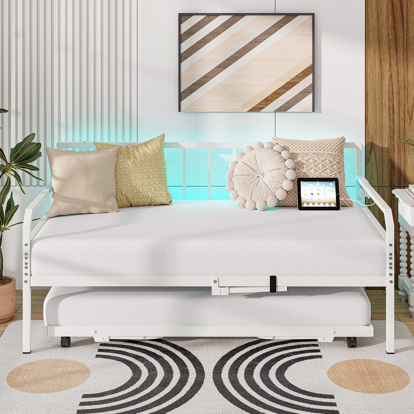 Adjustable Metal Twin Daybed with Pop-up Trundle, LED Light & Charging Station - White