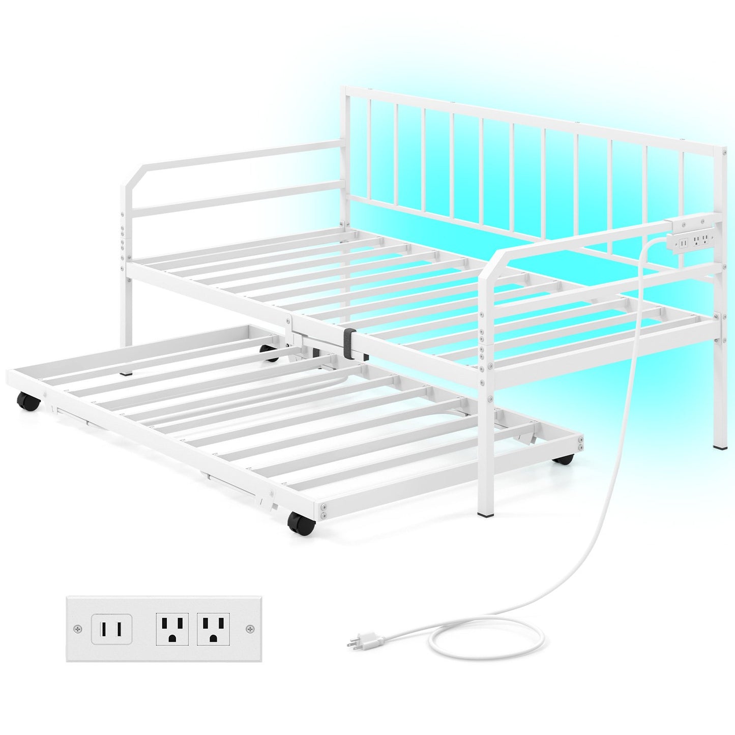 Adjustable Metal Twin Daybed with Pop-up Trundle, LED Light & Charging Station - White