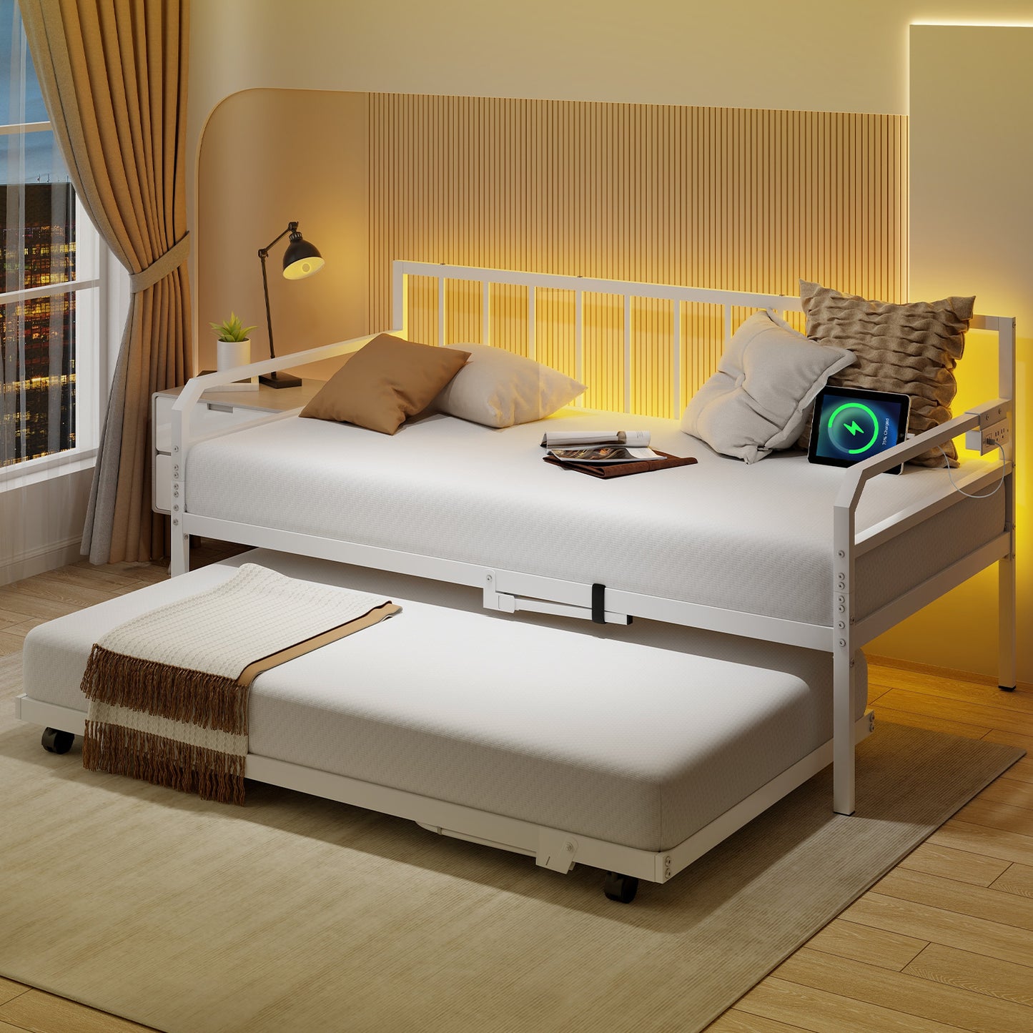Adjustable Metal Twin Daybed with Pop-up Trundle, LED Light & Charging Station - White