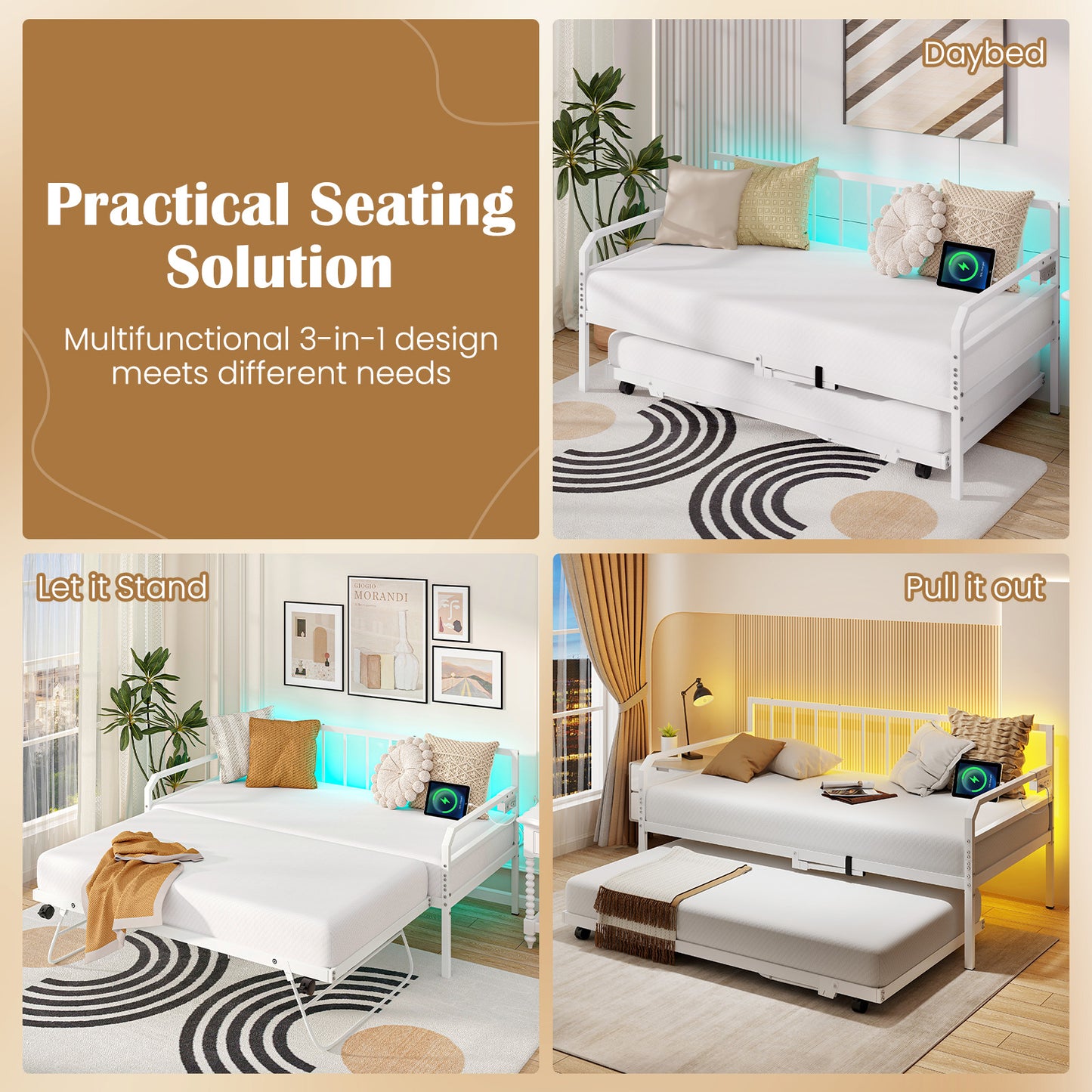 Adjustable Metal Twin Daybed with Pop-up Trundle, LED Light & Charging Station - White