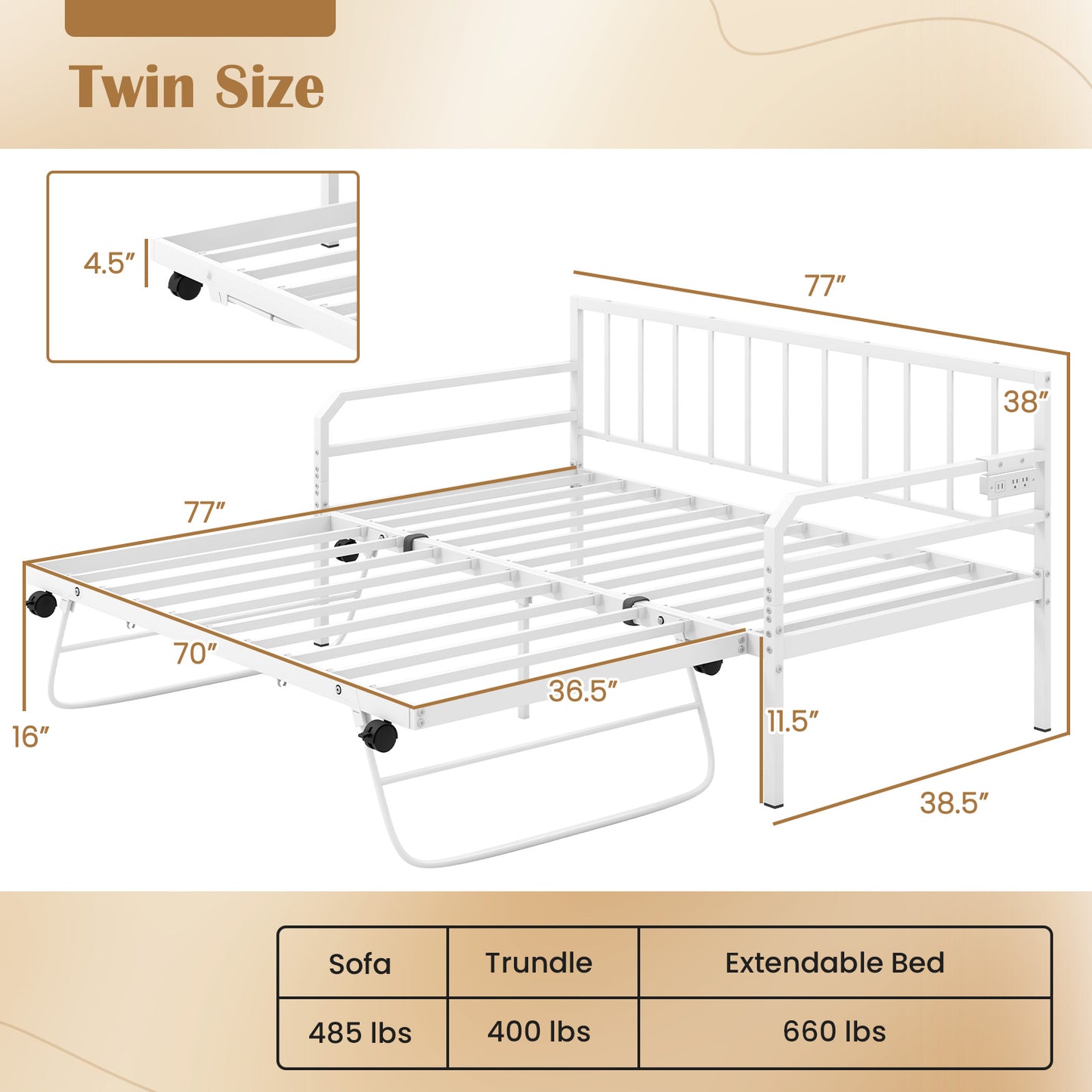 Adjustable Metal Twin Daybed with Pop-up Trundle, LED Light & Charging Station - White