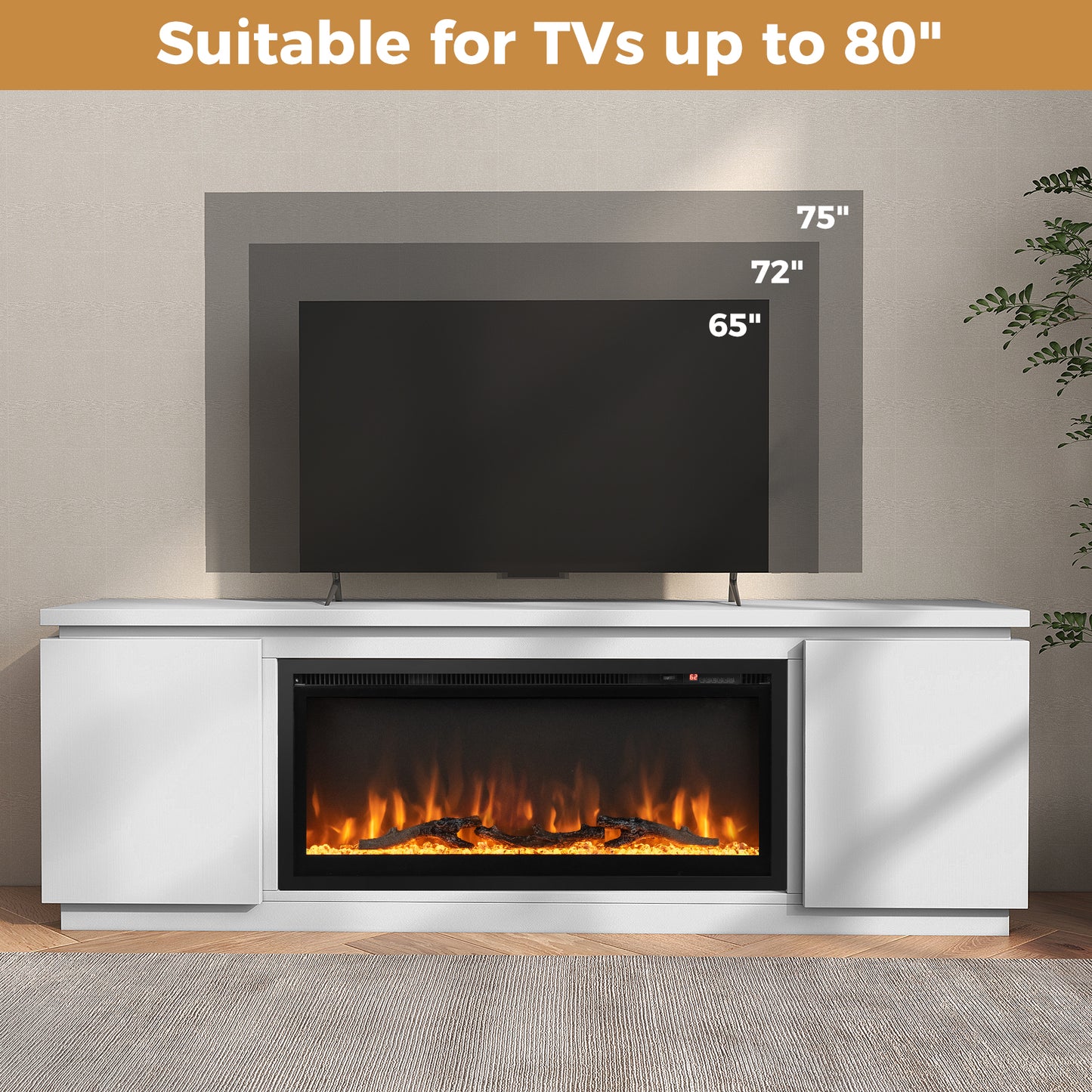 Modern Fireplace TV Stand with Adjustable Shelves and Storage for TVs up to 80 Inches - White