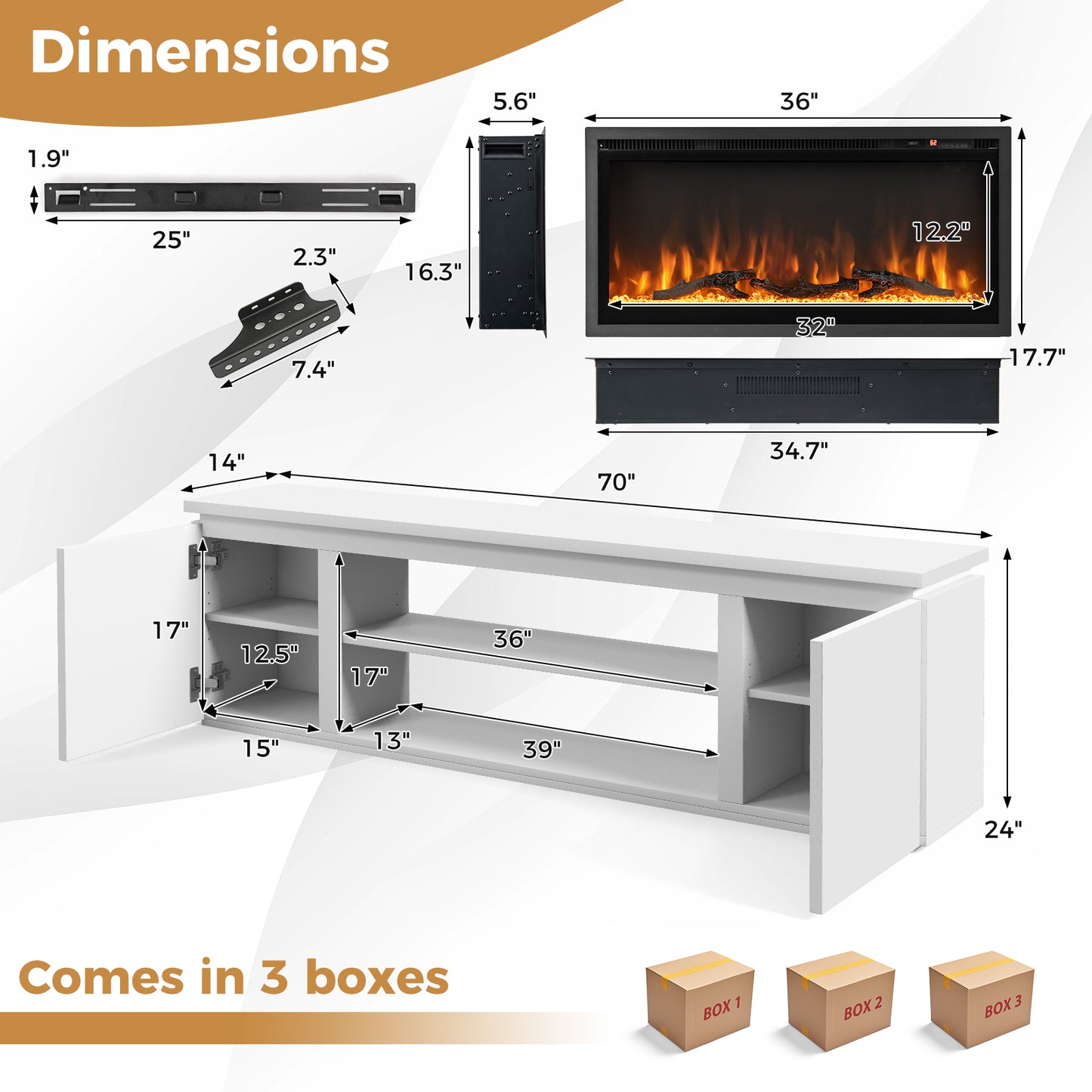 Modern Fireplace TV Stand with Adjustable Shelves and Storage for TVs up to 80 Inches - White