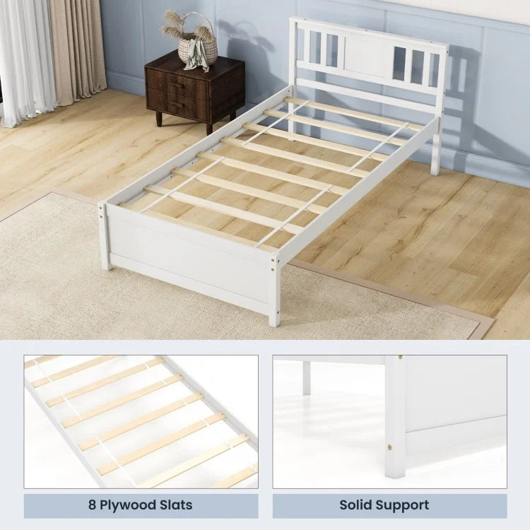 White Wooden Platform Bed Frame with Headboard and Slat Support, Twin Size