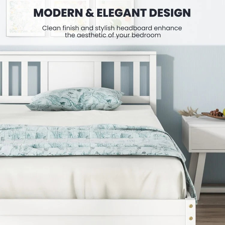 White Wooden Platform Bed Frame with Headboard and Slat Support, Twin Size
