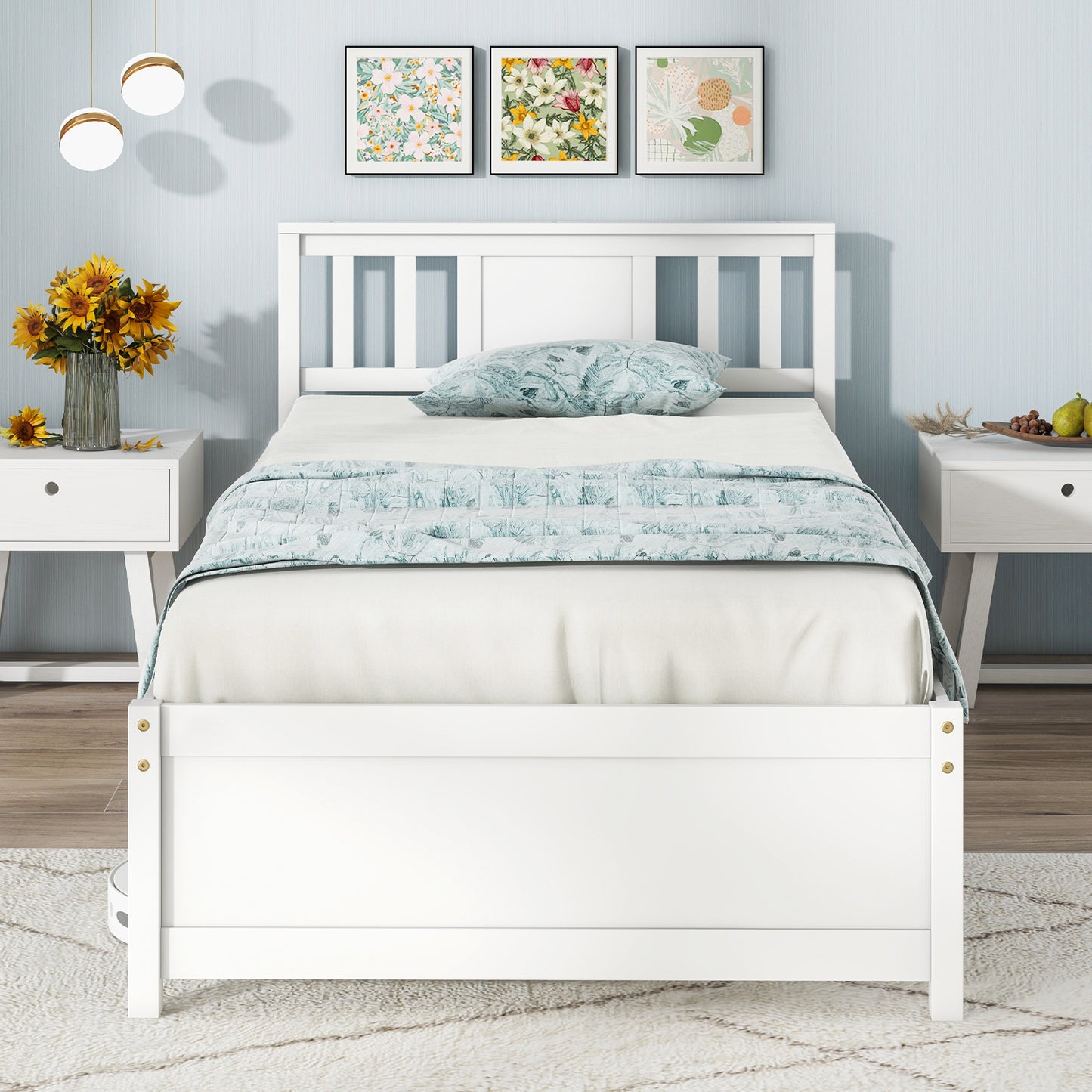 White Wooden Platform Bed Frame with Headboard and Slat Support, Twin Size