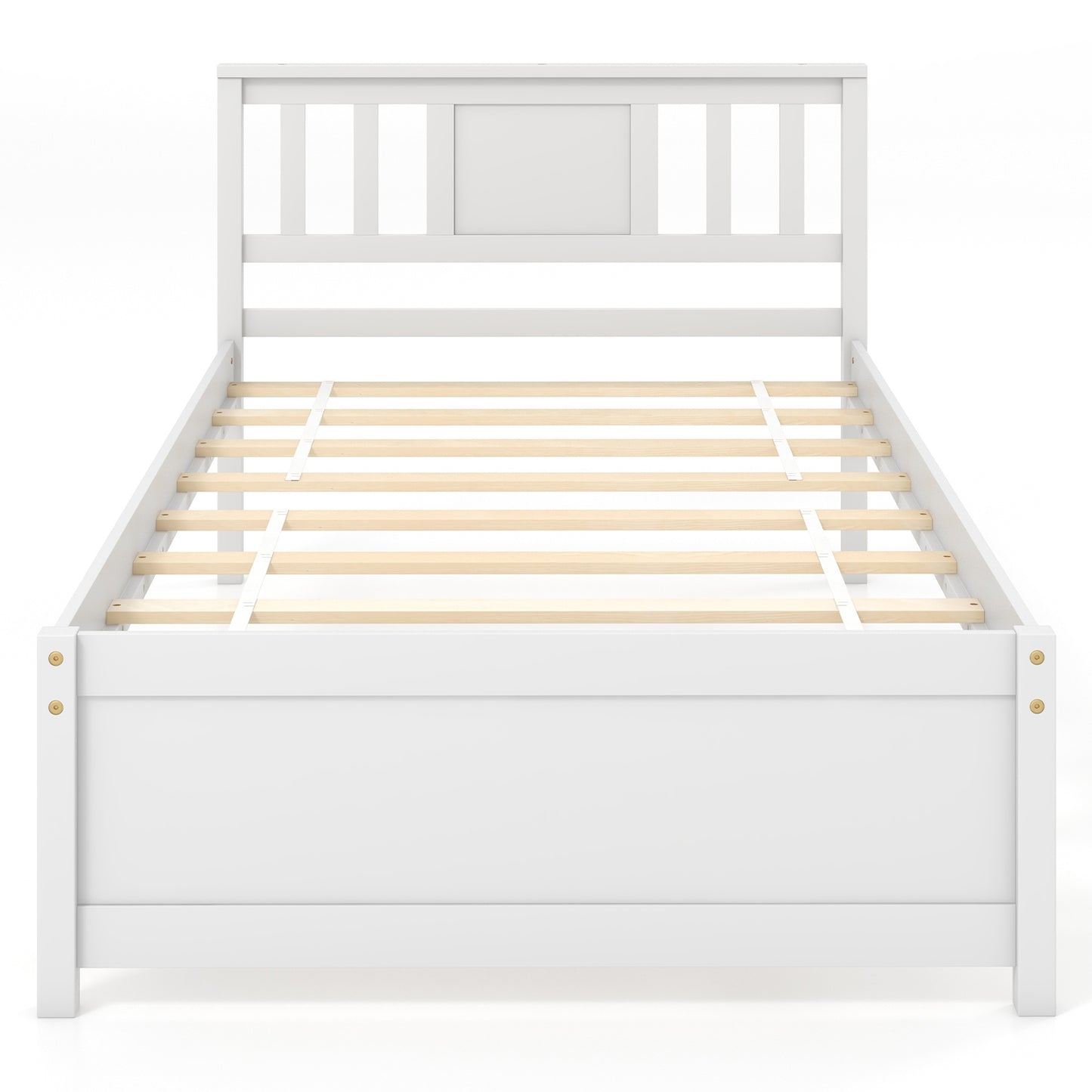 White Wooden Platform Bed Frame with Headboard and Slat Support, Twin Size
