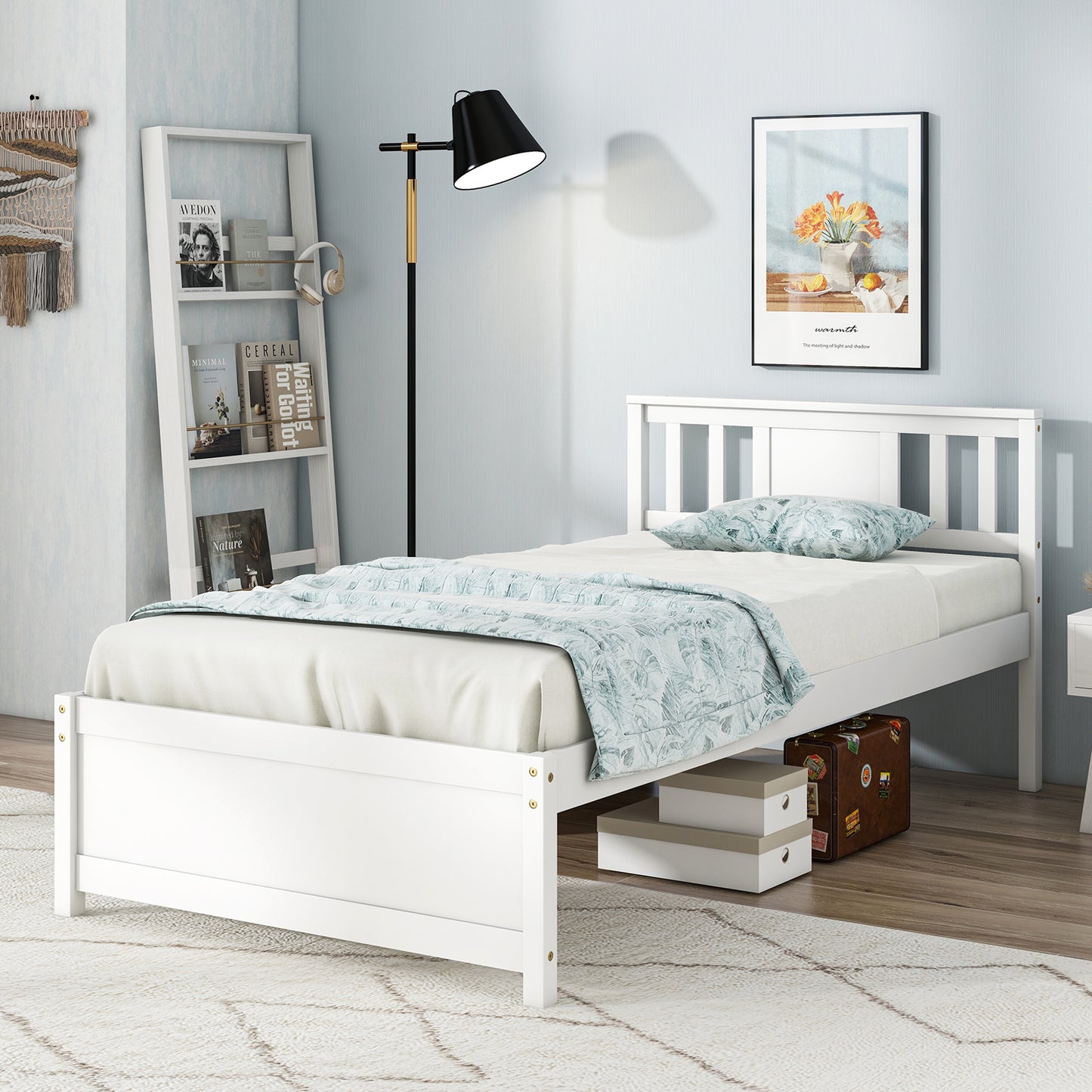 White Wooden Platform Bed Frame with Headboard and Slat Support, Twin Size