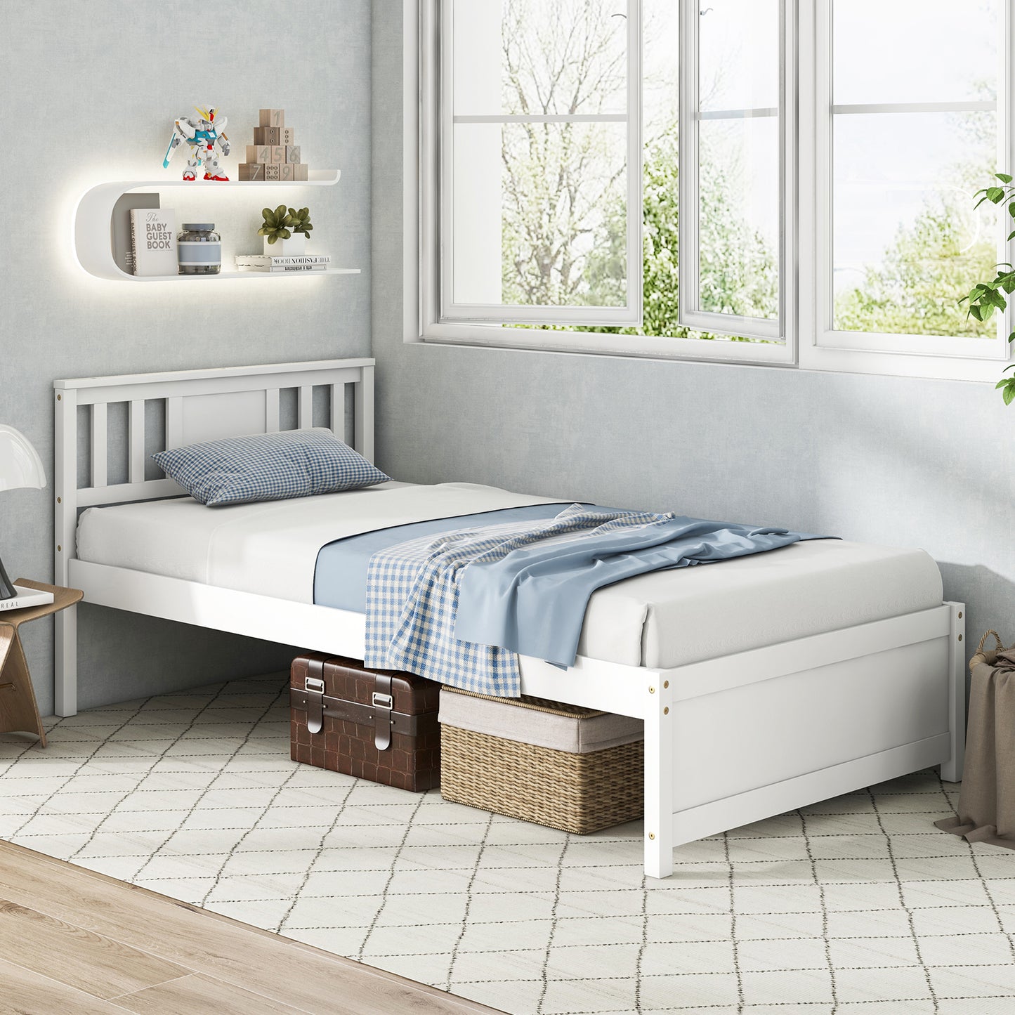 White Wooden Platform Bed Frame with Headboard and Slat Support, Twin Size