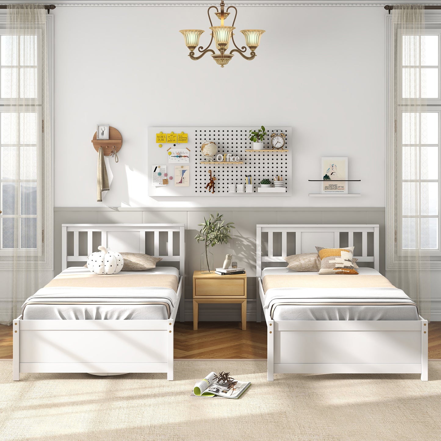 White Wooden Platform Bed Frame with Headboard and Slat Support, Twin Size