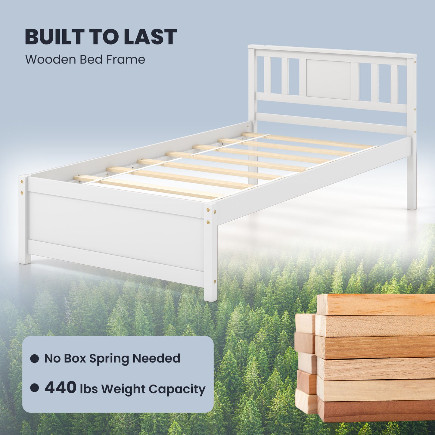 White Wooden Platform Bed Frame with Headboard and Slat Support, Twin Size