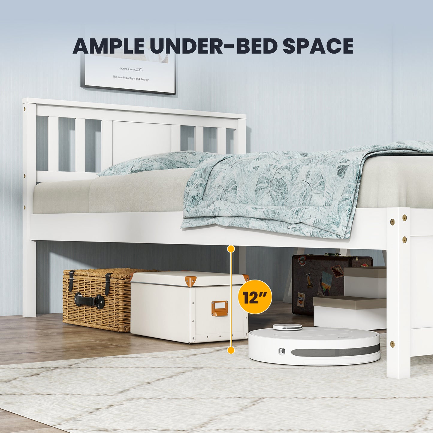 White Wooden Platform Bed Frame with Headboard and Slat Support, Twin Size