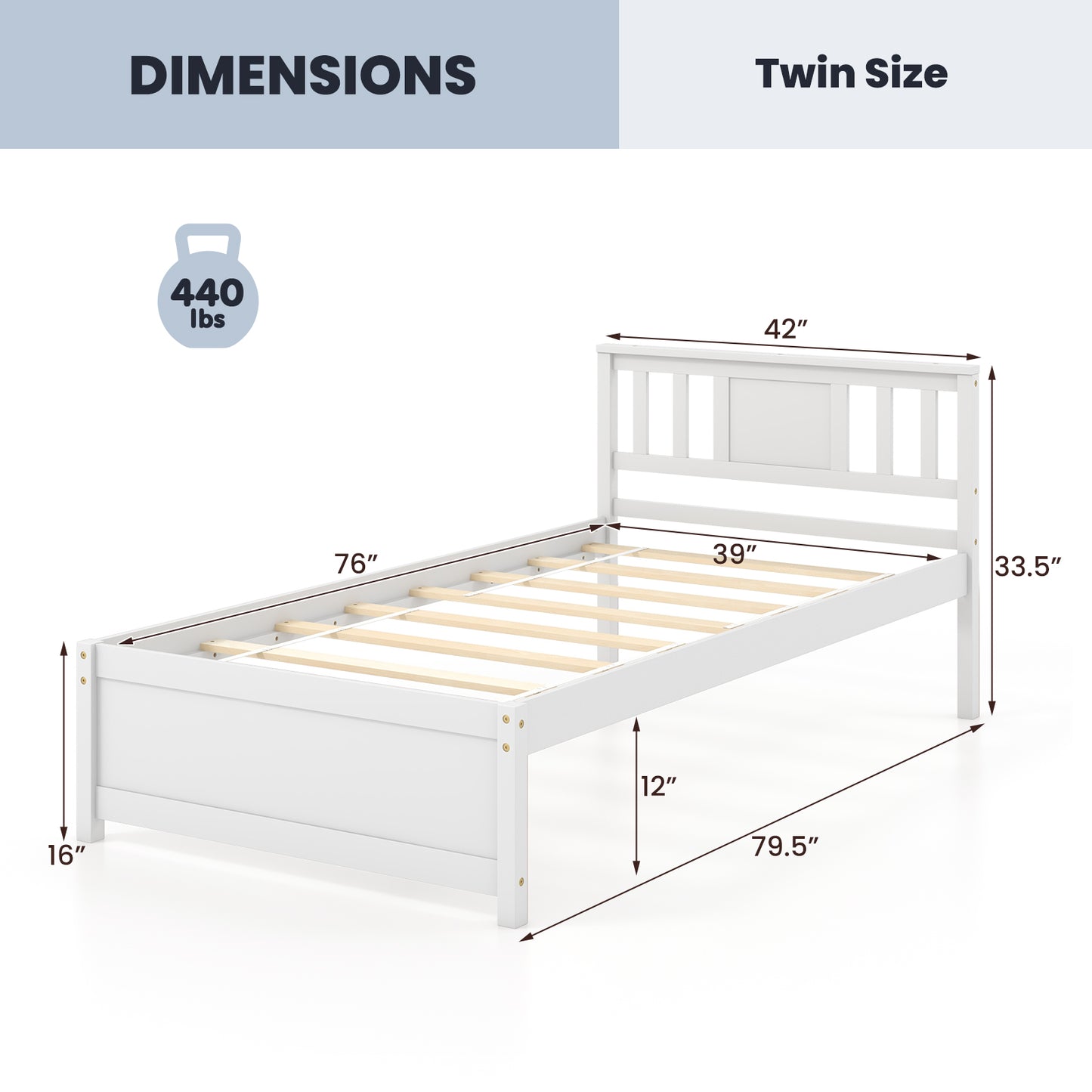 White Wooden Platform Bed Frame with Headboard and Slat Support, Twin Size