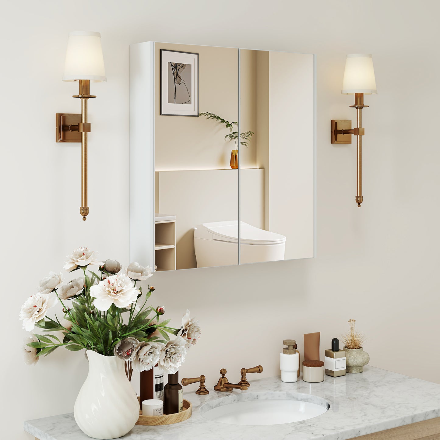 Wall-Mounted Double Door Medicine Cabinet with Mirror & Adjustable Shelves