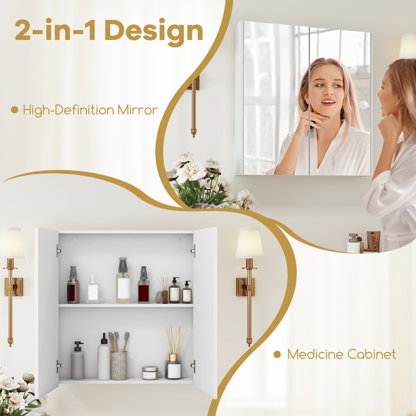 Wall-Mounted Double Door Medicine Cabinet with Mirror & Adjustable Shelves