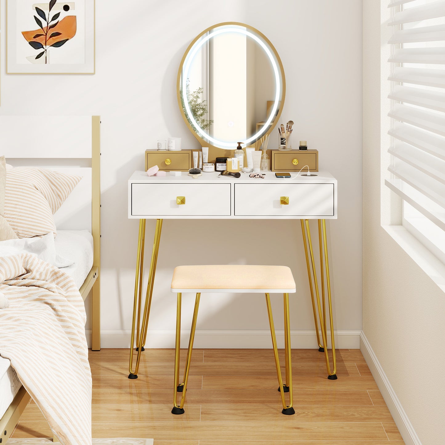 Vanity Table Set with Dimmable 3-Color LED Mirror and Storage Drawers - White