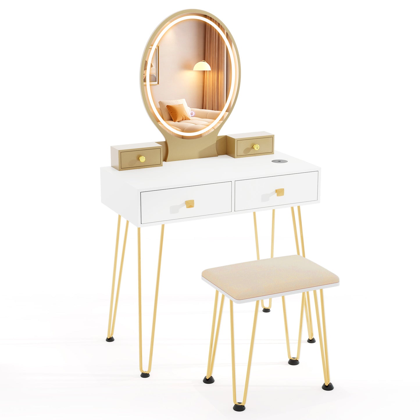 Vanity Table Set with Dimmable 3-Color LED Mirror and Storage Drawers - White