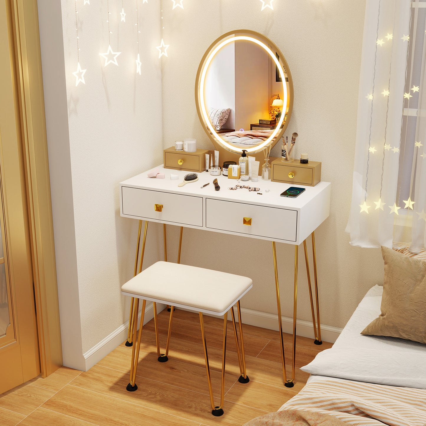Vanity Table Set with Dimmable 3-Color LED Mirror and Storage Drawers - White