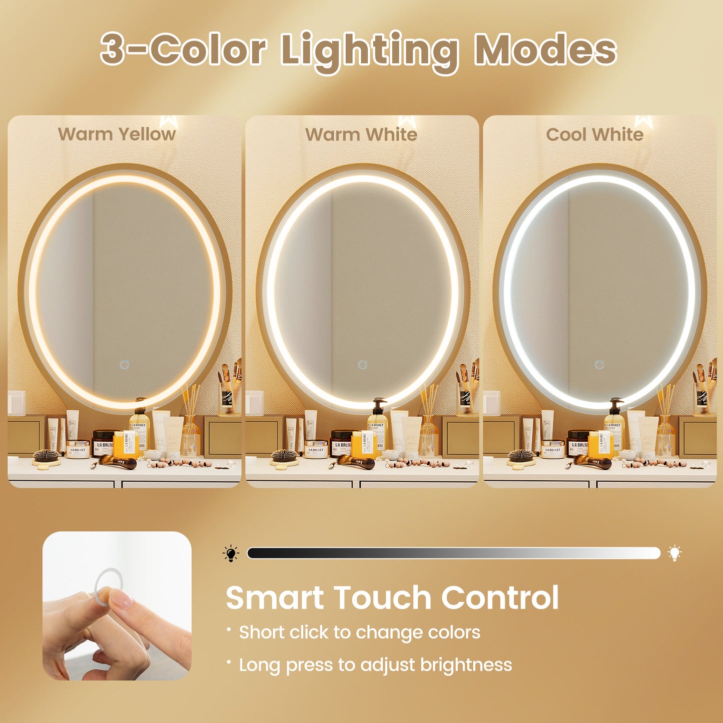 Vanity Table Set with Dimmable 3-Color LED Mirror and Storage Drawers - White
