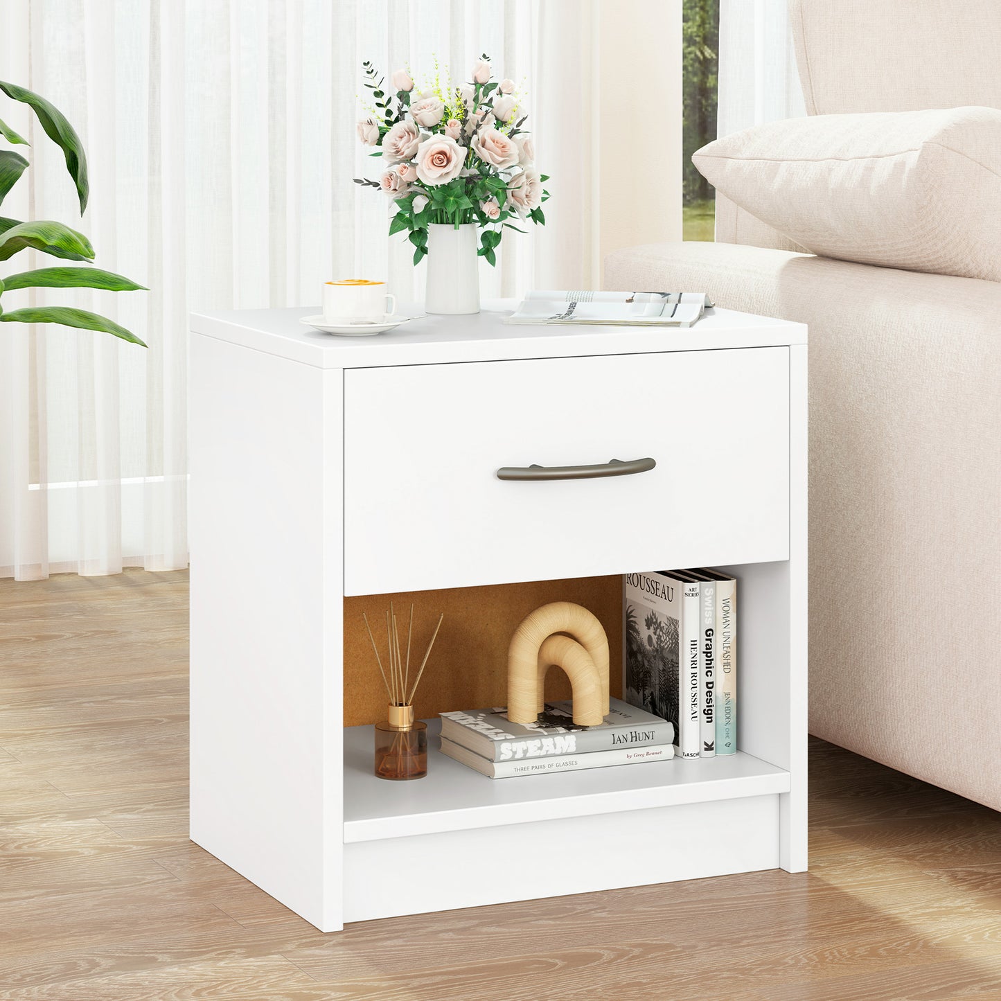 Nightstand with Drawer and Open Shelf for Bedroom or Living Room - White